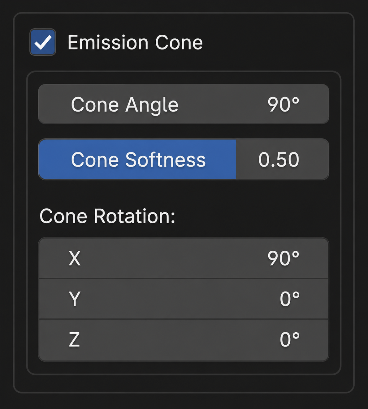Emission Cone — Angle / Softness / Rotation